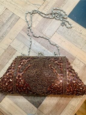 Pink Stix Vintage-Style Bronze Beaded Kiss-Lock Evening Bag Copper Sequin Clutch